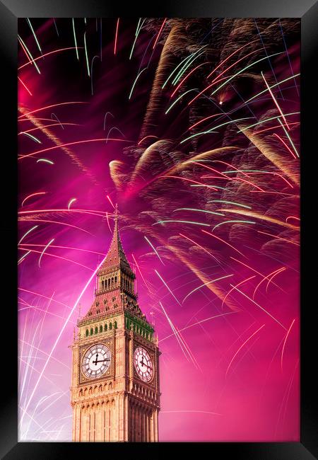Big Ben and New Year 's fireworks Framed Print by Guido Parmiggiani