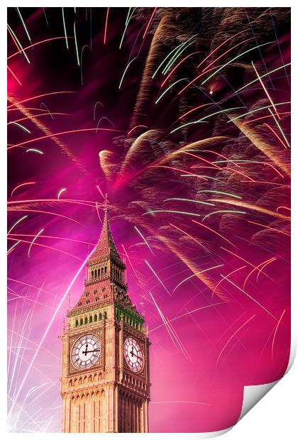 Big Ben and New Year 's fireworks Print by Guido Parmiggiani