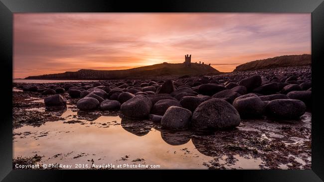 Dunstanburgh Castle at sunrise Framed Print by Phil Reay
