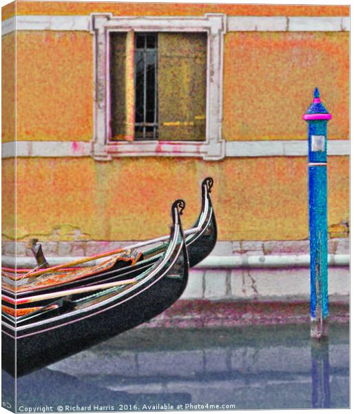 Two gondolas moored on canal in Venice Canvas Print by Richard Harris