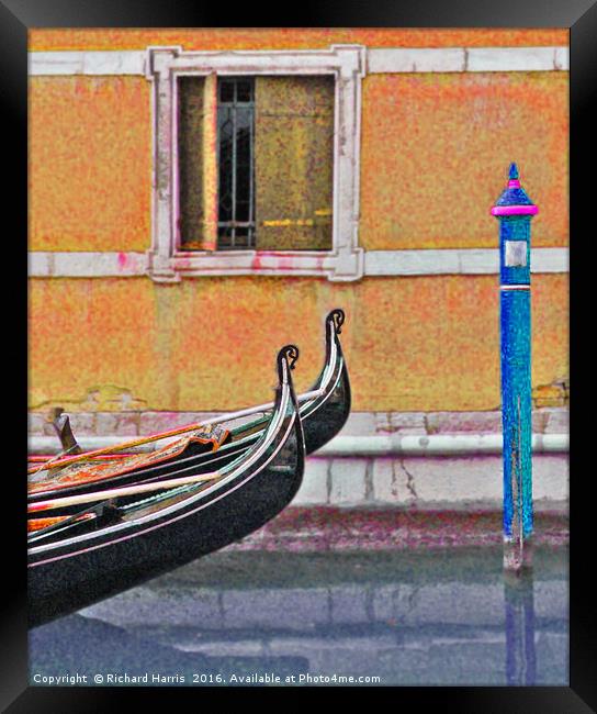 Two gondolas moored on canal in Venice Framed Print by Richard Harris