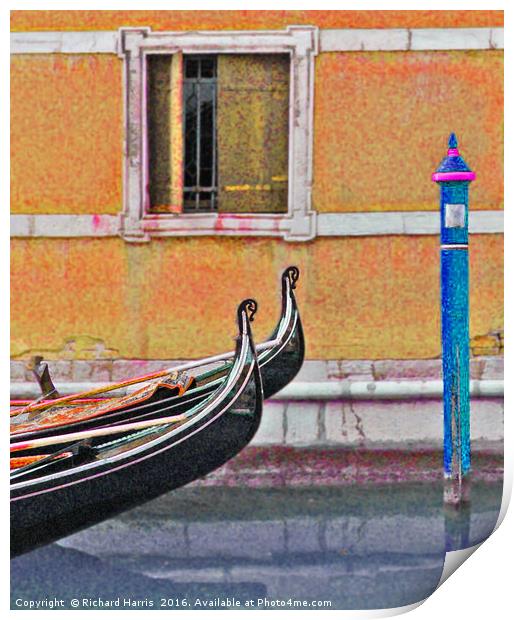 Two gondolas moored on canal in Venice Print by Richard Harris