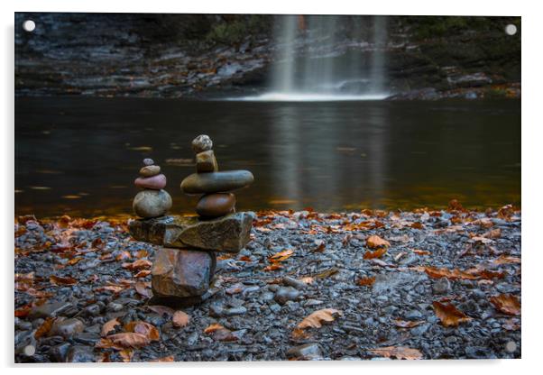Stacking stones at the Lady Falls. Acrylic by Bryn Morgan