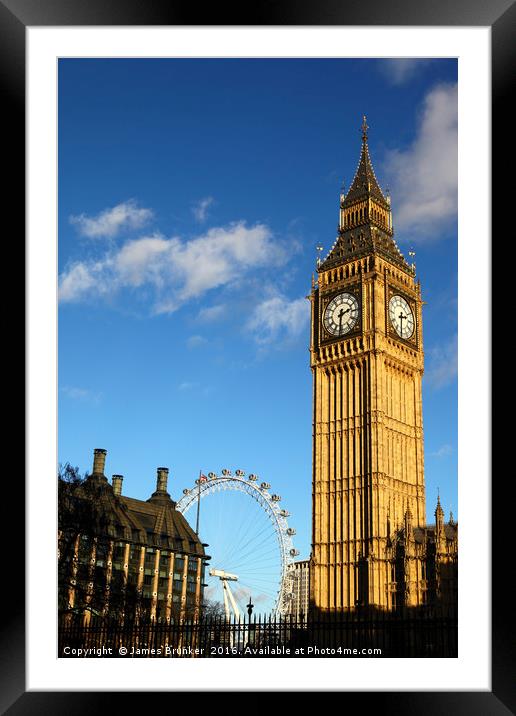 Big Ben clock tower and Millennium Wheel London Framed Mounted Print by James Brunker