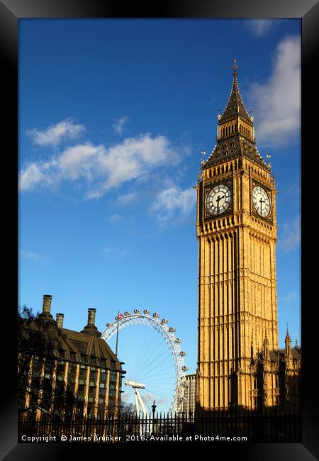 Big Ben clock tower and Millennium Wheel London Framed Print by James Brunker
