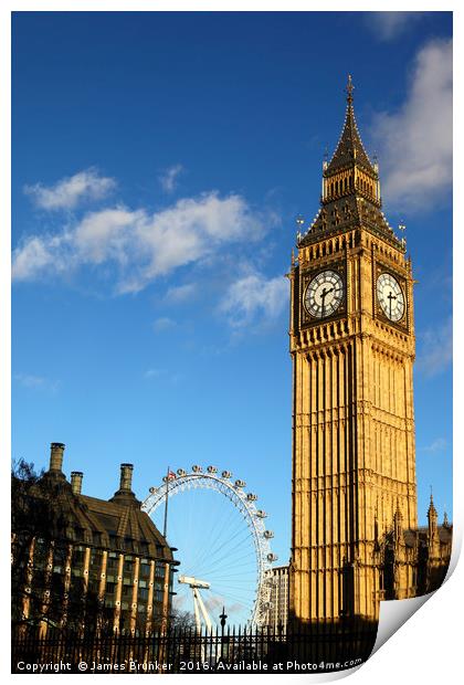 Big Ben clock tower and Millennium Wheel London Print by James Brunker