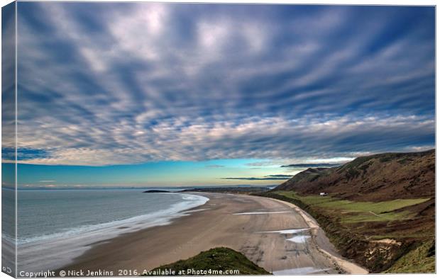 Rhossili Beach and Amazing Clouds Gower South Wale Canvas Print by Nick Jenkins