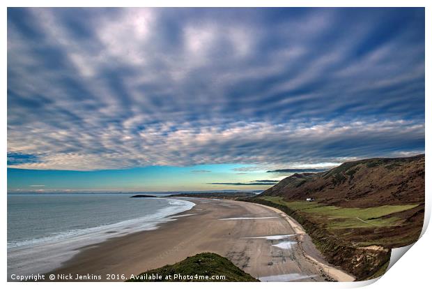 Rhossili Beach and Amazing Clouds Gower South Wale Print by Nick Jenkins