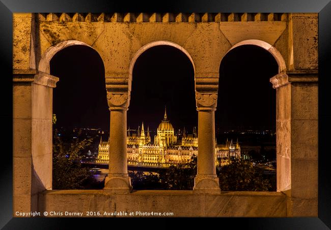 View of the Hungarian Parliament from the Fisherma Framed Print by Chris Dorney