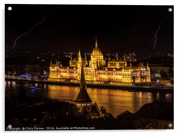 Hungarian Parliament Building and Lightning Acrylic by Chris Dorney