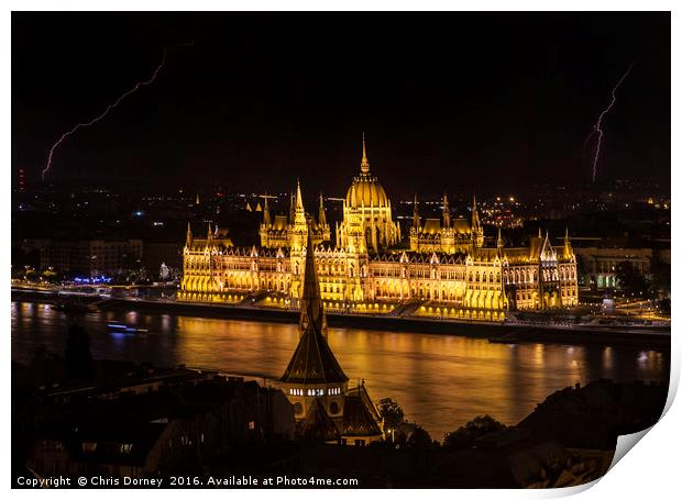 Hungarian Parliament Building and Lightning Print by Chris Dorney
