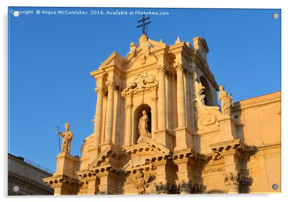 Sunset on facade of Syracuse Cathedral Acrylic by Angus McComiskey