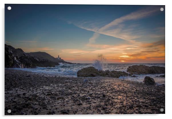 Wave splashing at sunrise at Mumbles. Acrylic by Bryn Morgan