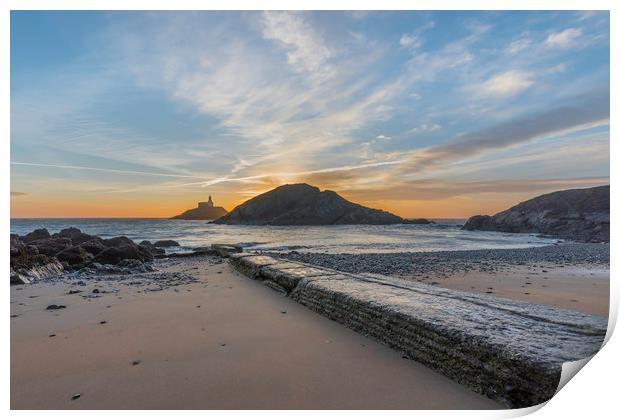 Sunrise at Mumbles lighthouse from the small bay. Print by Bryn Morgan