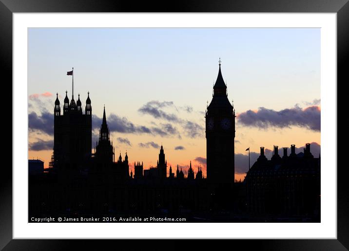 Towers of Houses of Parliament at sunset London Framed Mounted Print by James Brunker