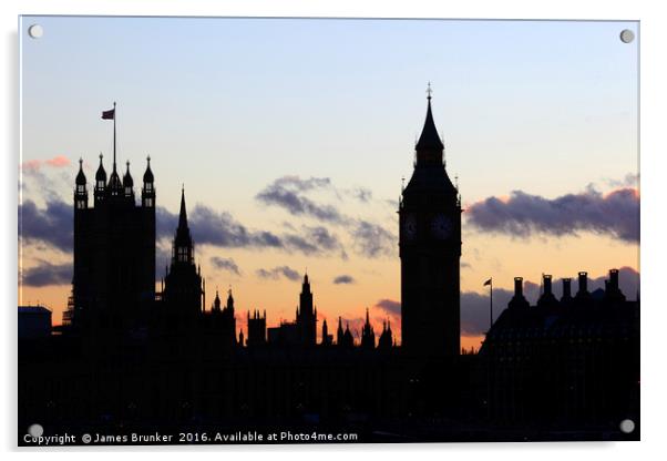 Towers of Houses of Parliament at sunset London Acrylic by James Brunker