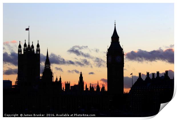 Towers of Houses of Parliament at sunset London Print by James Brunker