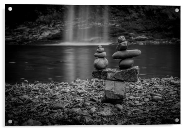 Stone stacking at Sgwd Gwladys / Lady Falls. Acrylic by Bryn Morgan