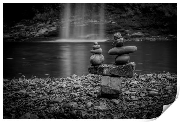 Stone stacking at Sgwd Gwladys / Lady Falls. Print by Bryn Morgan