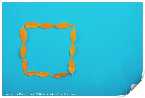 Square Shape Yellow Autumn Leaves On Turquoise Woo Print by Radu Bercan