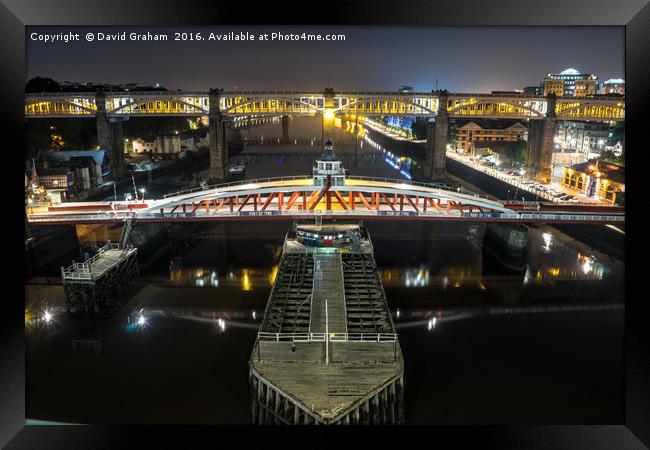 Swing Bridge & High level Bridge at night Framed Print by David Graham
