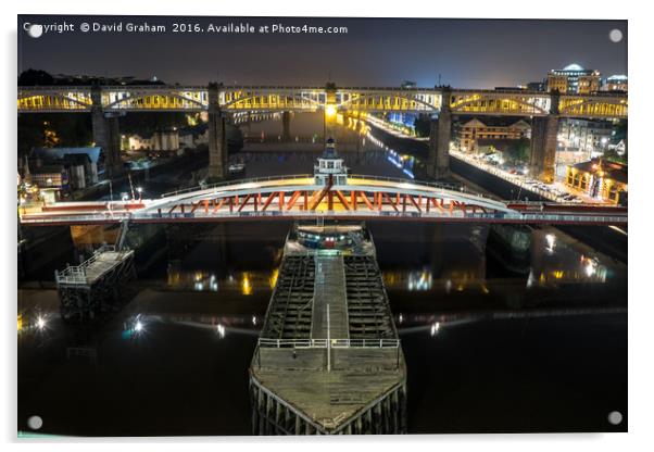 Swing Bridge & High level Bridge at night Acrylic by David Graham