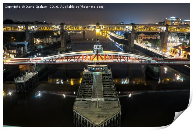 Swing Bridge & High level Bridge at night Print by David Graham