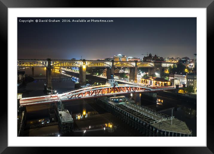 Swing Bridge & High level Bridge at night Framed Mounted Print by David Graham