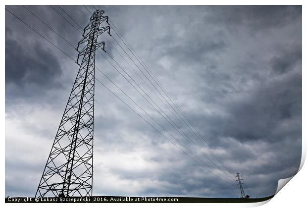High-voltage power line against dark stormy clouds Print by Łukasz Szczepański
