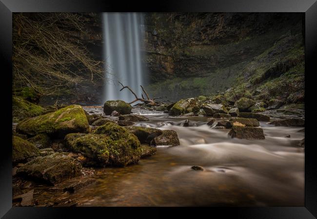 Hendryd falls with dead tree in the water. Framed Print by Bryn Morgan