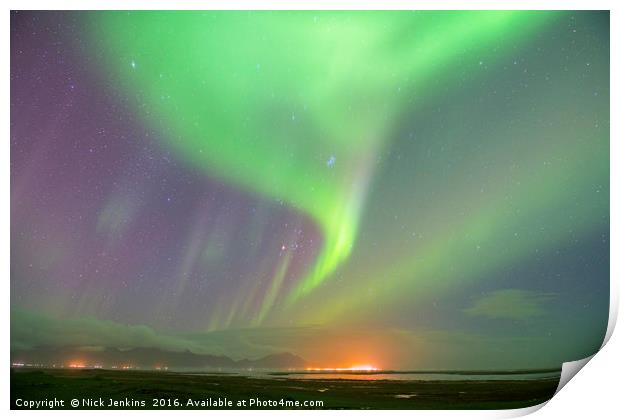 Aurora over south Iceland at the town of Hofn Print by Nick Jenkins