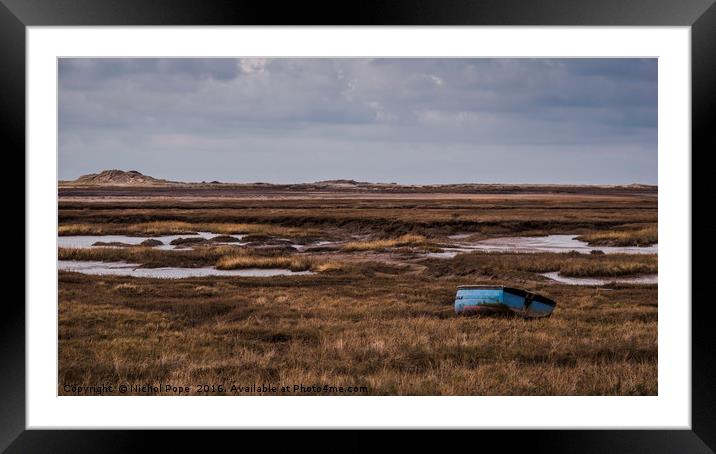 Boat on the salt marsh at Brancaster, Norfolk Framed Mounted Print by Nichol Pope