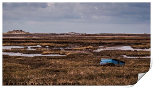 Boat on the salt marsh at Brancaster, Norfolk Print by Nichol Pope