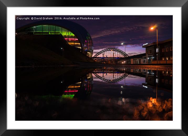 Sage Gateshead & Tyne Bridge reflected in puddle Framed Mounted Print by David Graham