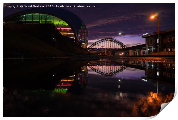 Sage Gateshead & Tyne Bridge reflected in puddle Print by David Graham