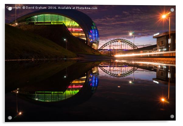 Sage Gateshead & Tyne Bridge reflected in puddle Acrylic by David Graham
