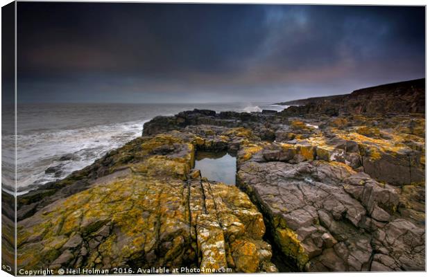 Lichen Covered Rocks at Ogmore by Sea Canvas Print by Neil Holman