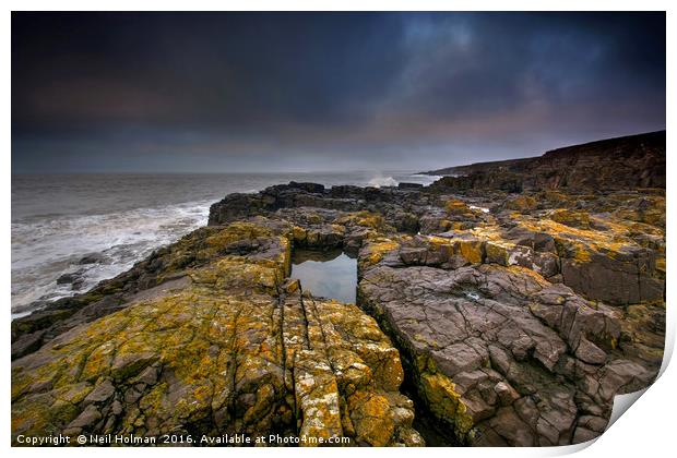 Lichen Covered Rocks at Ogmore by Sea Print by Neil Holman