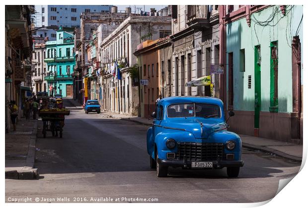Blue old timer in Centro Havana Print by Jason Wells