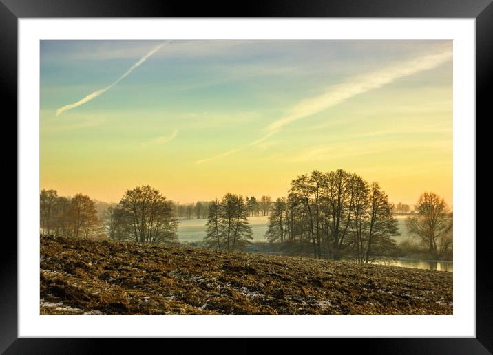 Golden winter evening in european countryside. Framed Mounted Print by Sergey Fedoskin