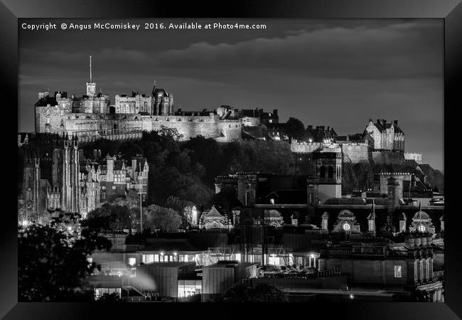 Edinburgh Castle at night mono Framed Print by Angus McComiskey