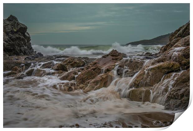 Waves and rocks at Rotherslade bay. Print by Bryn Morgan