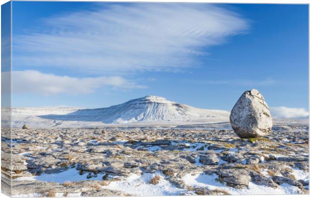 Twistleton Scar, winter with eratic in foreground Canvas Print by Colin Jarvis