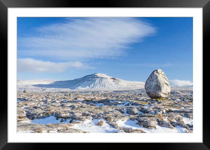 Twistleton Scar, winter with eratic in foreground Framed Mounted Print by Colin Jarvis