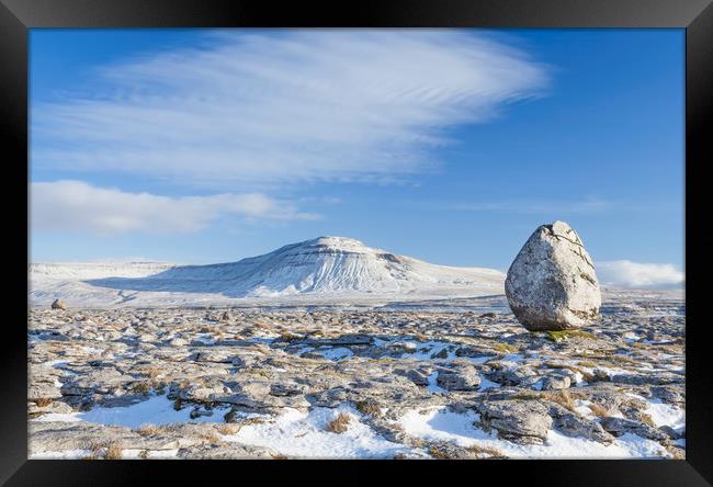 Twistleton Scar, winter with eratic in foreground Framed Print by Colin Jarvis