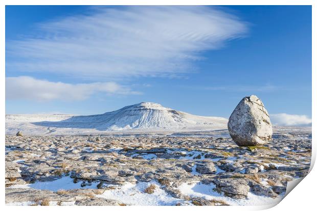 Twistleton Scar, winter with eratic in foreground Print by Colin Jarvis