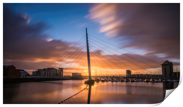 Swansea marina at sunrise with view of the Sail br Print by Bryn Morgan