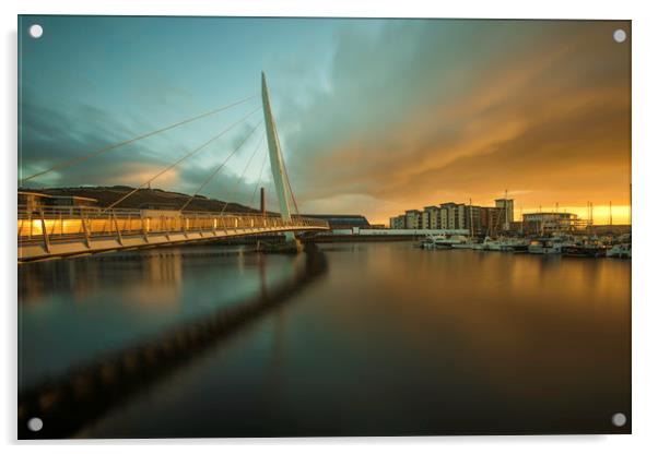 The Sail bridge at Swansea marina  Acrylic by Bryn Morgan