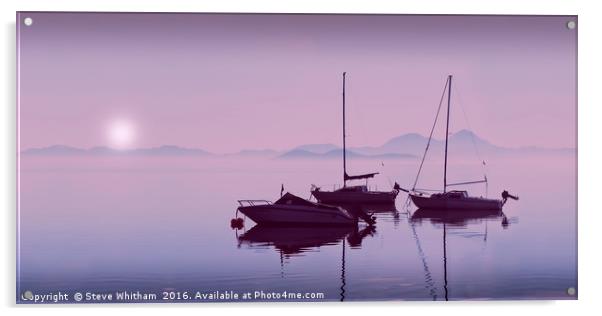 Mar Menor sunrise through mist. Purple edit. Acrylic by Steve Whitham