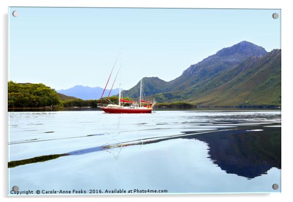 Boating on Melaleuca Lagoon, Tasmania. Acrylic by Carole-Anne Fooks